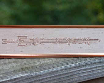 Unique Sword Name Plate - Office Gifts - Presents for Men - Cool Gifts for Guys - Custom Engraved - Wood - 8"x2"