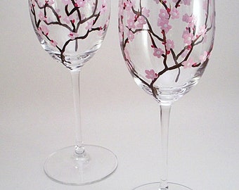 Pink cherry blossoms, hand painted wine glasses, cherry blossom wine glasses, gift for her, set of 2