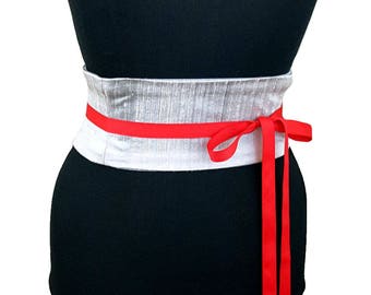 Silver Silk Obi Belt / Gray Corset Belt / Dupioni Silk Waist Cincher / Reversible Belt / Lace Up / Wedding Dress Sash / Bridesmaid Belt