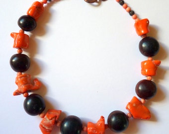 Handmade Necklace Organic All Natural Coral Chunks & Beads with Mucuna Sea Beans Stunning Unusual