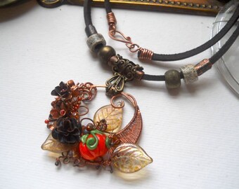 Roses and Pumpkins, a Sculptural Copper Harvest Necklace