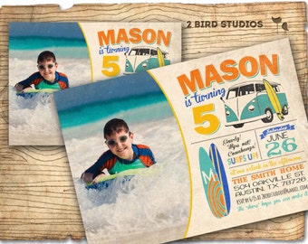 Surf invitation - vintage beach summer party invite - surfboard invitation with camper van - vintage DIY printable invitation