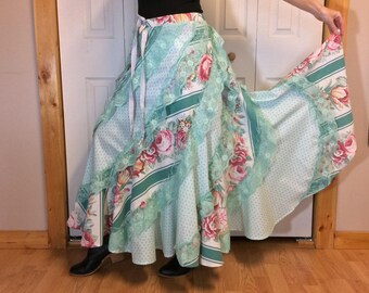 RESERVED Floral Spring Skirt/Cotton Maxi Skirt/Long/Pink & Green/Boho Hippie Gypsy/Upcycled Recycled Clothes/Womens One Size Fits S-M-L