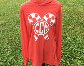Christmas Monogrammed Hoodie - Candy Cane Shirt - Christmas Shirt - Lightweight Hoodie - Christmas Hoodie - Personalized Christmas
