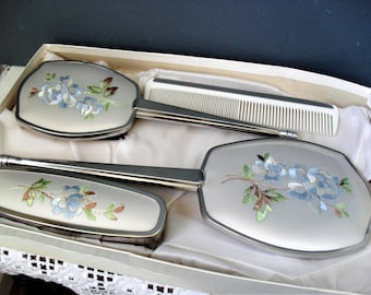 Vintage VANITY Set Boxed FOUR PIECE Dressing Table Set Embroidered Boudoir Set 1950s/60s Vintage Accessory Set Blue Floral Retro Hand Mirror