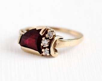 Sale - Vintage 1950 Ring - 10k Rosy Yellow Gold Created Ruby & White Spinel - Sz 4.75 Dark Red Fancy Cut Triangular Stone Retro Fine Jewelry