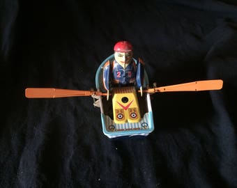 Vintage Tin Toy, Wind Up Toy, Man in a Rowing Boat - 1970