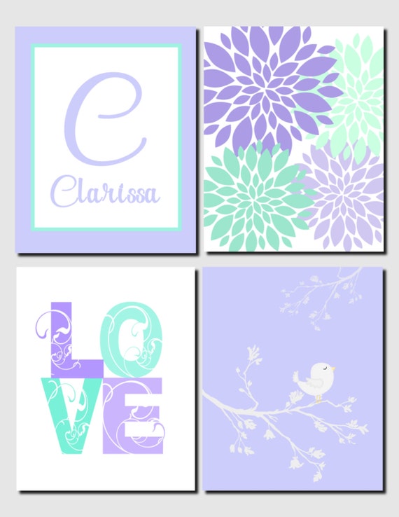 Lavender Mint Purple Wall Art Kids Wall Art Initial Name