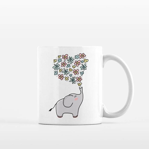 Elephant Mug, Elephant Coffee Mug, Elephant Gift Girlfriend Gift, Floral Mug, Heart Flowers Mug, Elephant Cup, Elephant Coffee Cup, Cute Mug