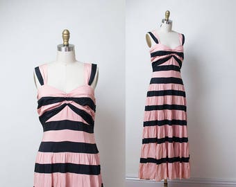 1940s Striped Dress / 40s Pink & Black Gown