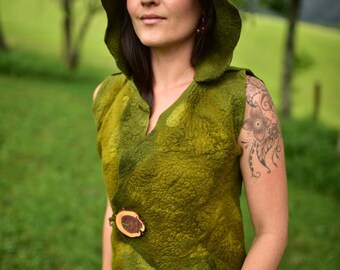Felt Hooded Vest-Hoodie-Pixie Vest-Woodland Costume-Fairy Costume-Nymph Vest-Wool Hoodie-Fantasy Costume-Festival Wear-Felt Vest OOAK