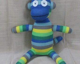 Clearance Handmade Blue & Green Striped Sock Monkey Stuffed Animal Doll Baby Toys