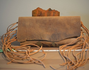 Distressed Leather Clutch with Fringe - D