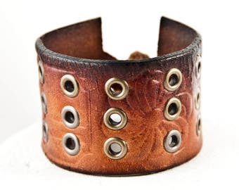 Vintage Leather Bracelet Cuff Distressed Brown Leather