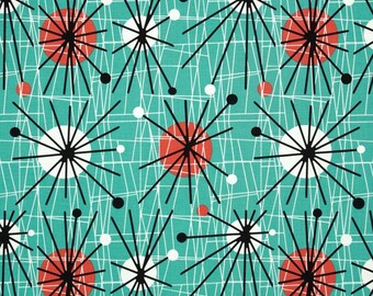 Michael Miller Mid-Century Modern Atomic Turquoise Fabric By The Yard- 100% Cotton Retro! 50's!