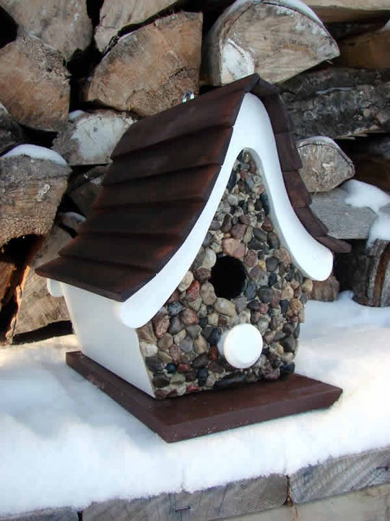 Funky Stone Bird House Wooden Birdhouse Painted Birdhouse