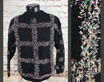 Women's Vintage Sweater - 80s punk rock sweater - black and hot pink - womens vintage clothing - acrylic pullover sweater