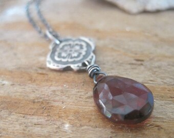 Red Garnet Gemstone Necklace, Fine Silver Mehndi Design, January Birthstone Jewelry, Gift for Her