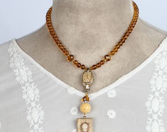 Vintage Watchface and Cameo Locket Assemblage Necklace