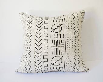 Mudcloth Pillow Cushion Cover White and Black African Mali Mud Cloth Bogolan