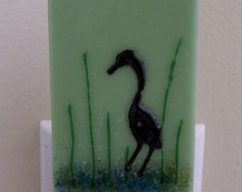 Fused Glass Night Light: Heron on Green