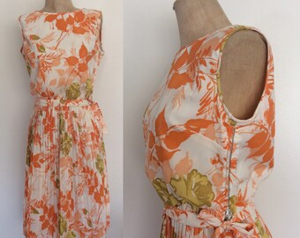 1950's Orange Floral Acetate Top & Skirt Set Pin Up Retro Blouse Size XS by Maeberry Vintage