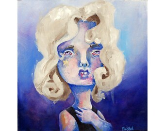 Starchild - original lowbrow oil painting by ela steel - oil on wood sad depressed - blue purple square
