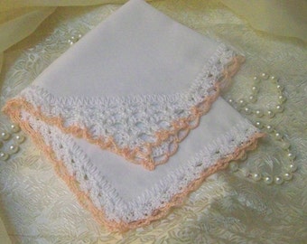 Bridesmaids Handkerchief, Hanky, Hankie, Bridal Party Gift, Personalized, Monogrammed, Embroidered, Hand Crochet, Lace, Peach, Soft, Ladies