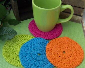 Crochet Coaster Set in Bright Colors, Cotton Coasters, Neon Coasters, Mug Rugs, Handmade Coasters