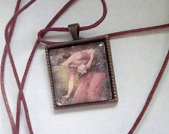 Necklace Pre Raphaelite style square cabochon