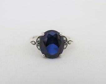 Vintage Sterling Silver Blue Sapphire & Seed Pearl Ring Size 8