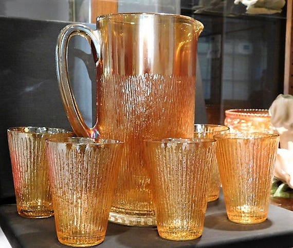 Antique Carnival Glass TREE BARK Pitcher Tumblers Set