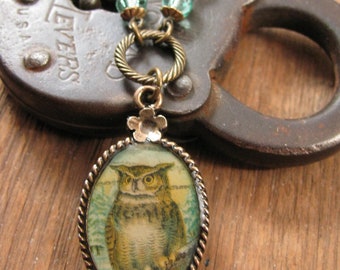 Owl Necklace - Postage Stamp Jewelry - Resin Jewelry - Brass and Aqua - Horned Owl Oval Pendant Necklace