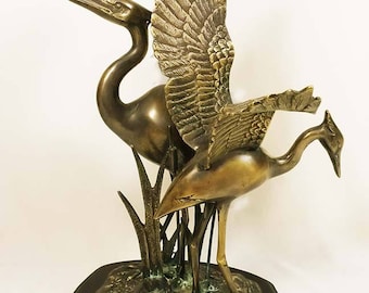 Vintage Large Bronze Brass Cranes in Cattails Asian Sculpture