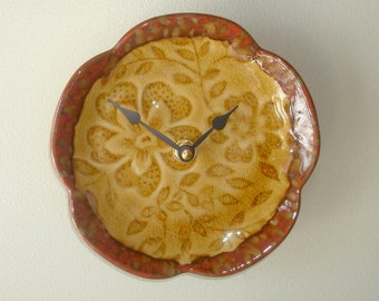 6 Inch Small Floral Wall Clock in Rust and Gold Kitchen Clock Ceramic Plate Clock Earthy Home Decor - 2525
