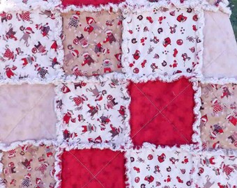 Sock Monkey Rag Quilt - Red, Brown - Lap Quilt - Baby and Toddler Rag Quilt