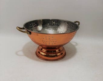 Vintage Copper and Stainless Colander With Brass Handles