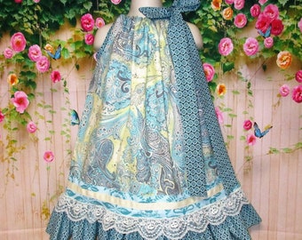 Girls Dress 4T/5 Sea Foam Green Cream Paisley Design Pillowcase Dress, Pillow Case Dress, Sundress, Boutique Dress