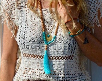 Turquoise Stone Tassel Necklace - Turquoise Beads Mala Necklace - 108 Mala Beads - Turquoise And Rudraksha - Long Tassel Boho Jewelry