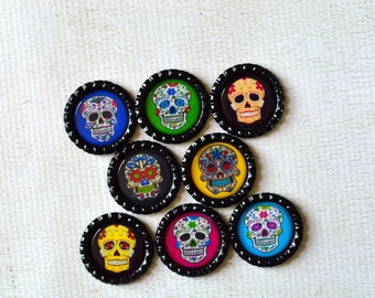 Sugar Skull Bottlecap Magnets- 8 Strong Day of the Dead Magnets- Colorful Dia de los Muertos Magnets- Day of the Dead Decor- Kitchen Decor