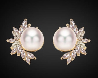 PAIR GOLD Leaf Floral Pearl Crystal Bridal Wedding Tunnels Gauges Plugs Earrings 0g 00g 7/16" 1/2" 9/16" 5/8" 11/16" 8mm 9mm 11mm 12mm