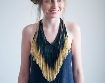Black and Gold Elegant Necklace, Long Fringe Necklace, Fringe Statement Necklace, Hand Dyed Ombre Fringe