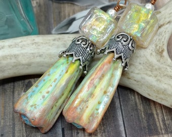 Golden Glow Earrings by Howubeadddoin 2 7/8"