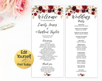 Wedding Program Template, Wedding Programs, Marsala Wedding Program, Editable Program, Burgundy Wedding Program, Ceremony Template, W2