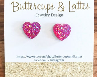 Pink Druzy Heart Stud Earrings
