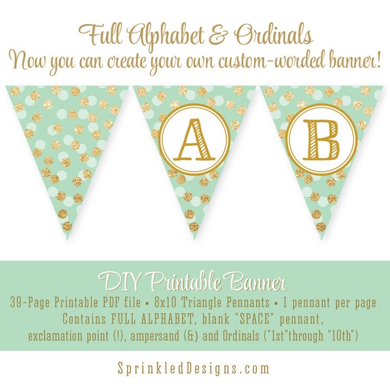 mint green gold glitter printable full alphabet pennant banner