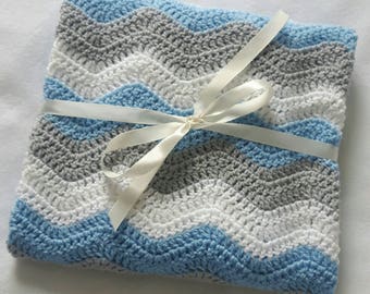 Crochet blue baby blanket, Crochet blankets for sale, baby shower gift, ripple blanket, baby boy gift, crochet baby blanket boy