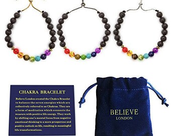 Believe London® Chakra Bracelet With Jewelry Bag & Meaning Card | Adjustable Bracelet To Fit Any Wrist 7 Chakra Natural Stone Healing