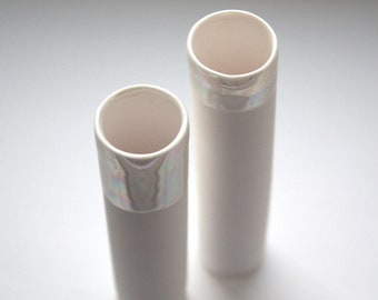 Decorative thin tall mini vase made out of stoneware English fine bone china and mother of pearl trimming - iridescent - bud vase