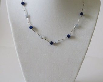 Vintage Silver Tone Blue Beads Necklace